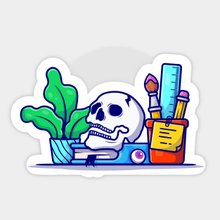 Creative Office Workspace with Skull, Book, and Plant Cartoon Vector Icon Illustration Sticker